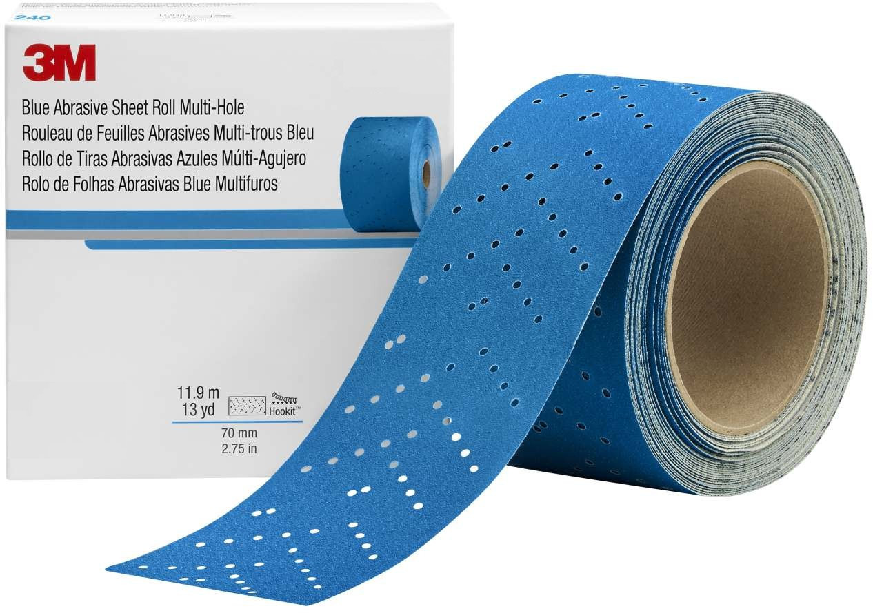 3M Hookit Blue Abrasive Roll 36195 - Grit 320 Sandpaper, 2.75 In X 13 Yd, Multi-Hole, Made In USA